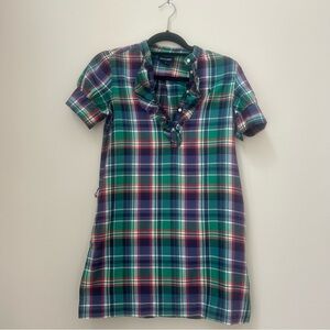POLO RALPH LAUREN Girls Plaid  Dress Size 14 Blue Green Ruffle Short Sleeve Prep